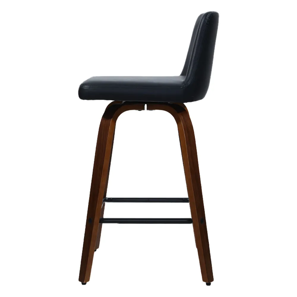 Two Bar Stools Swivel Leather Padded Wooden