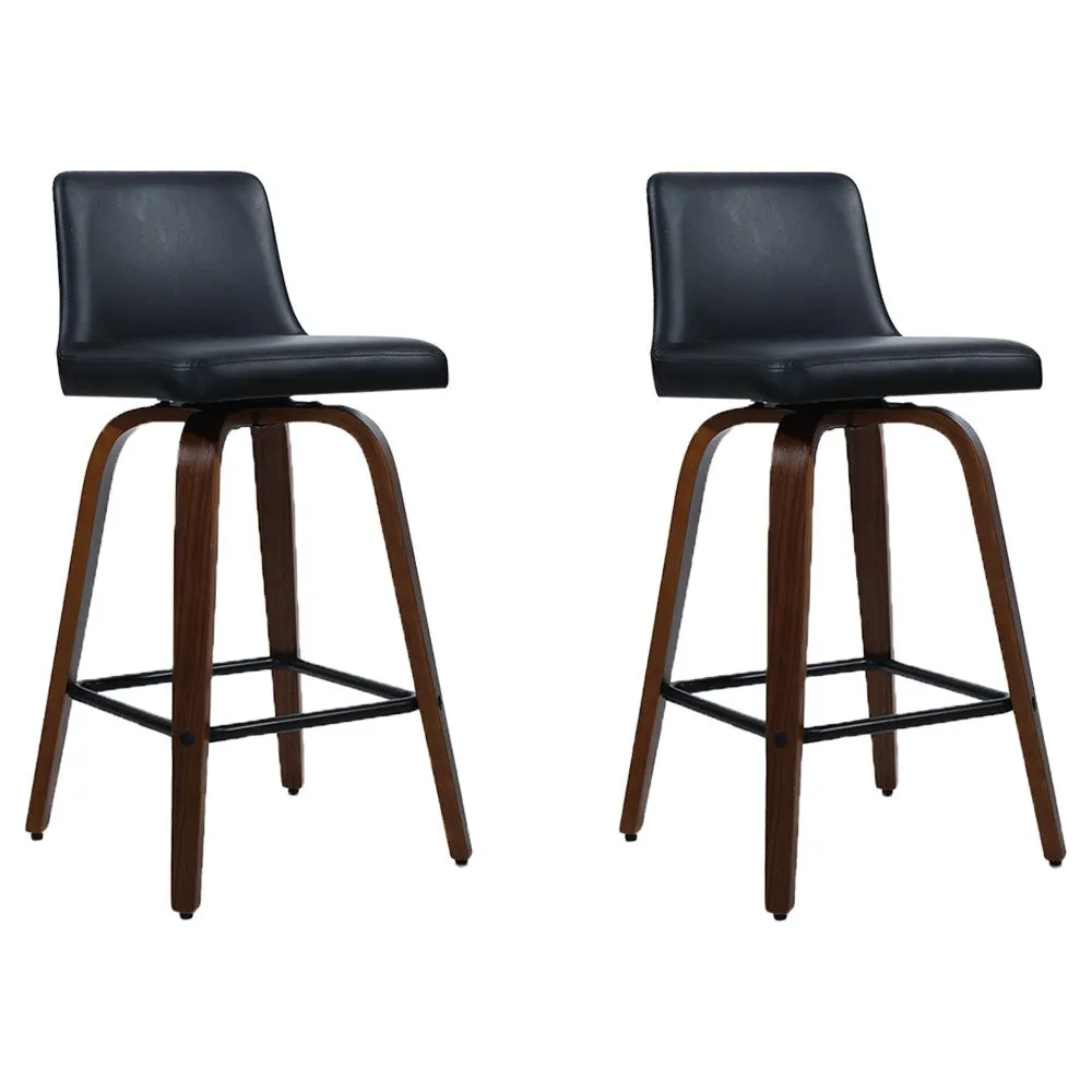 Two Bar Stools Swivel Leather Padded Wooden