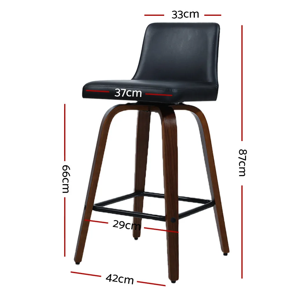 Two Bar Stools Swivel Leather Padded Wooden