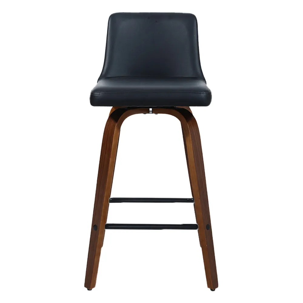 Two Bar Stools Swivel Leather Padded Wooden