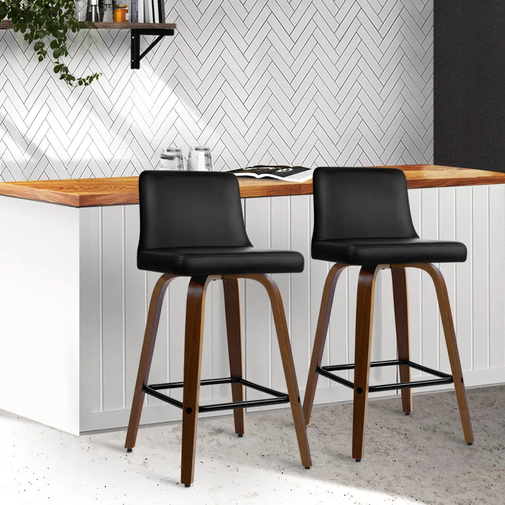 Two Bar Stools Swivel Leather Padded Wooden