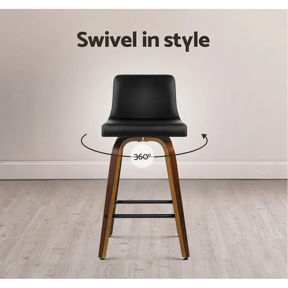 Two Bar Stools Swivel Leather Padded Wooden