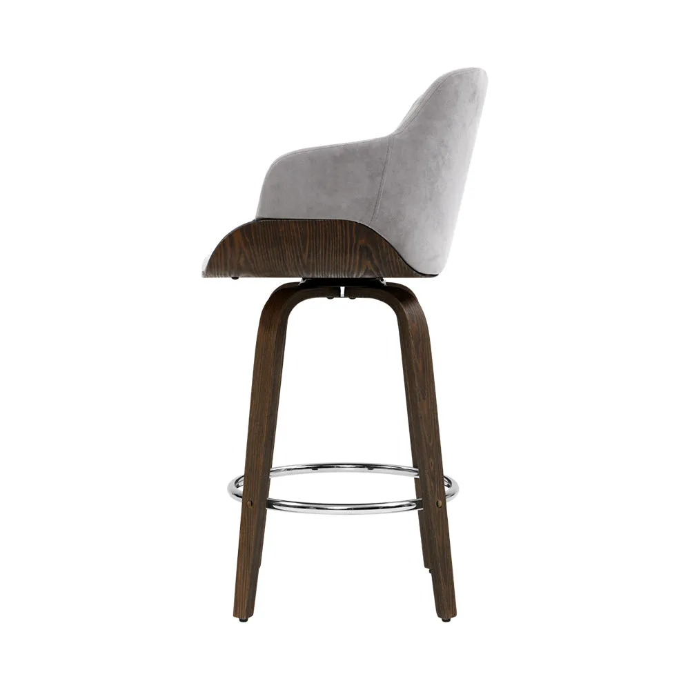 Two Bar Stools Swivel Velvet Padded Wooden