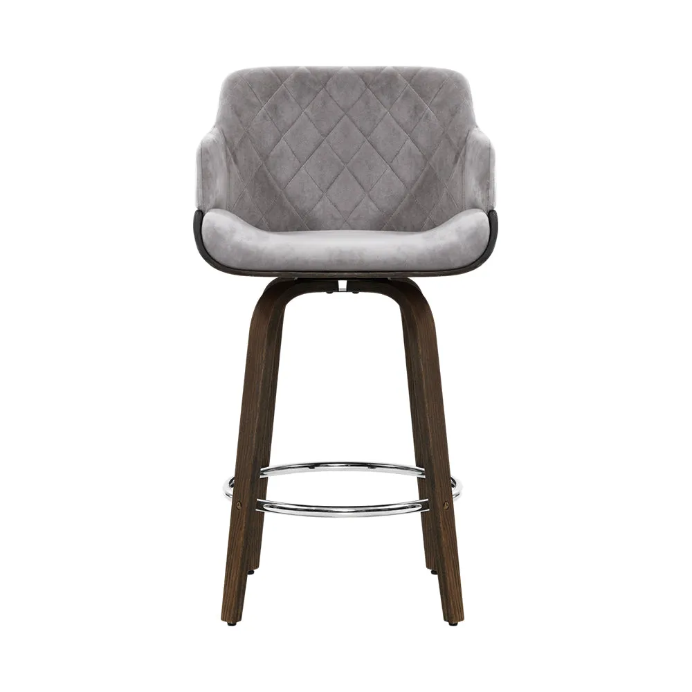 Two Bar Stools Swivel Velvet Padded Wooden