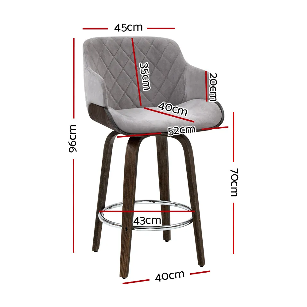 Two Bar Stools Swivel Velvet Padded Wooden