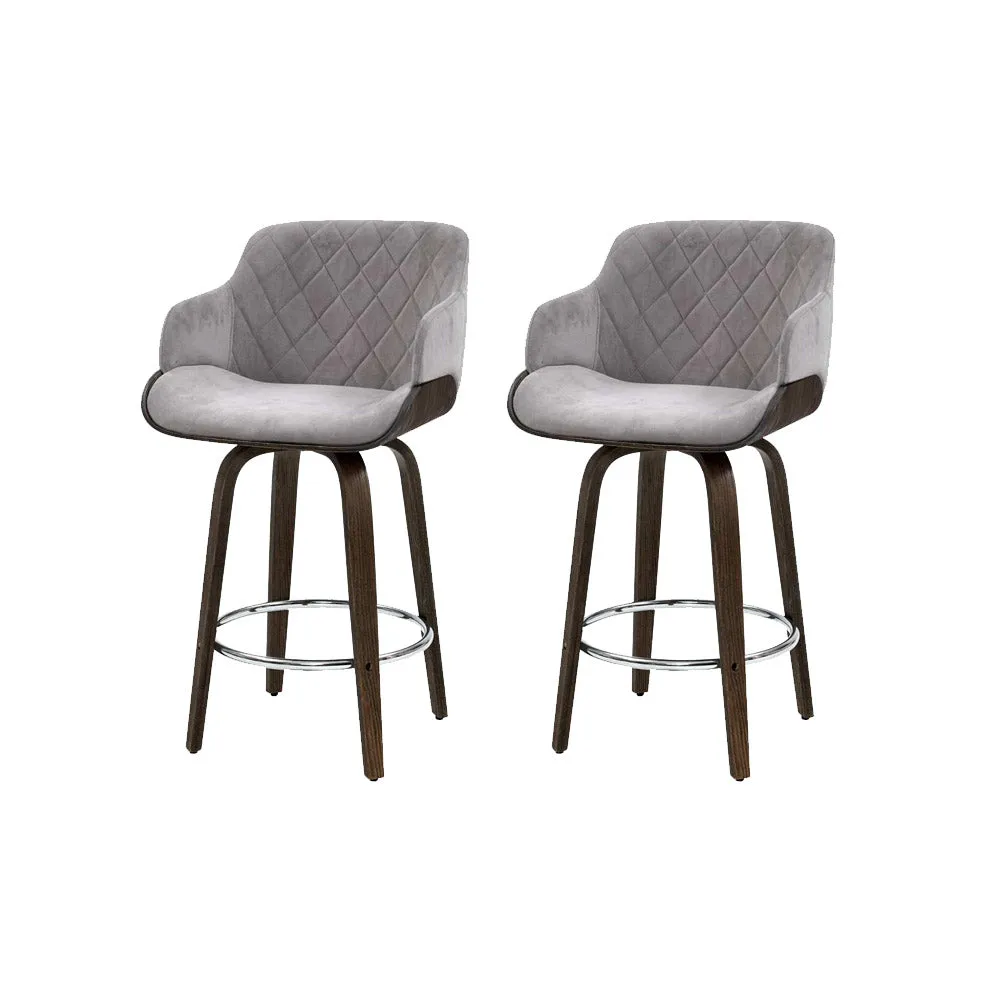 Two Bar Stools Swivel Velvet Padded Wooden