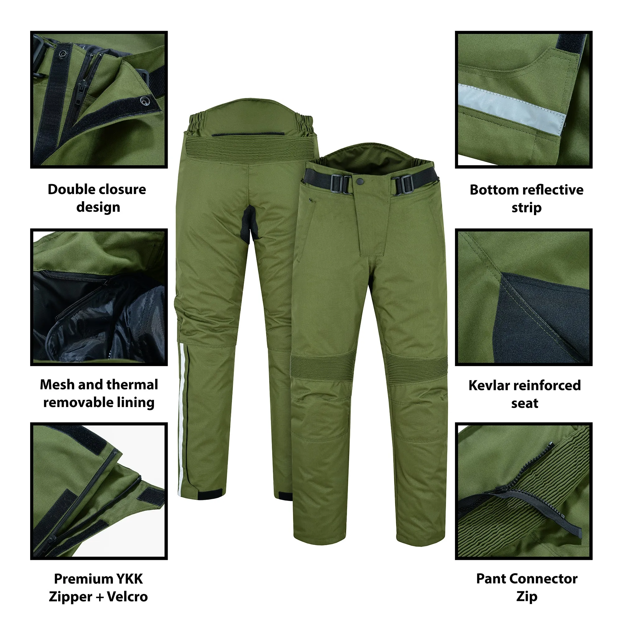 Warrior Gears® 3M Dualsport Motocross Motorbike Motorcycle Pants For Men, Waterproof Textile Trousers - Olive Green