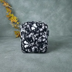 Water Proof Cotton Lunch Bag Black with White Floral Prints