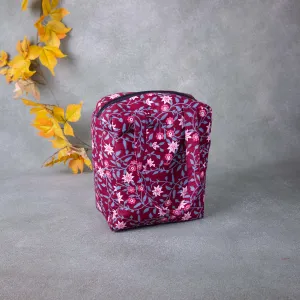 Water Proof Cotton Lunch Bag Maroon with Blue Flower Design.